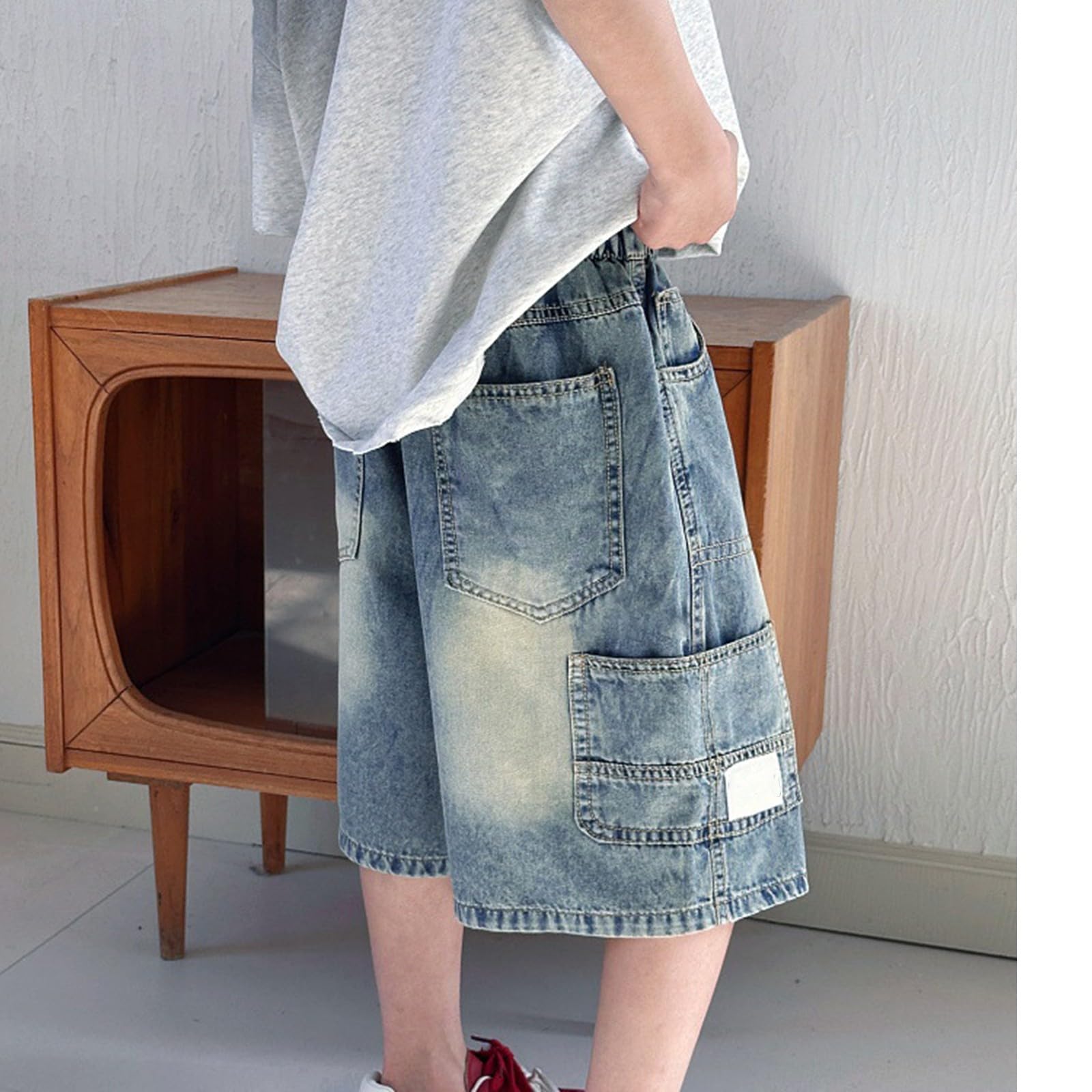 Pantalones cortos de mezclilla holgados para niños, informales, cintura elástica, estilo cargo, pierna ancha, pantalones cortos de mezclilla para verano, rectos, hasta la rodilla, para