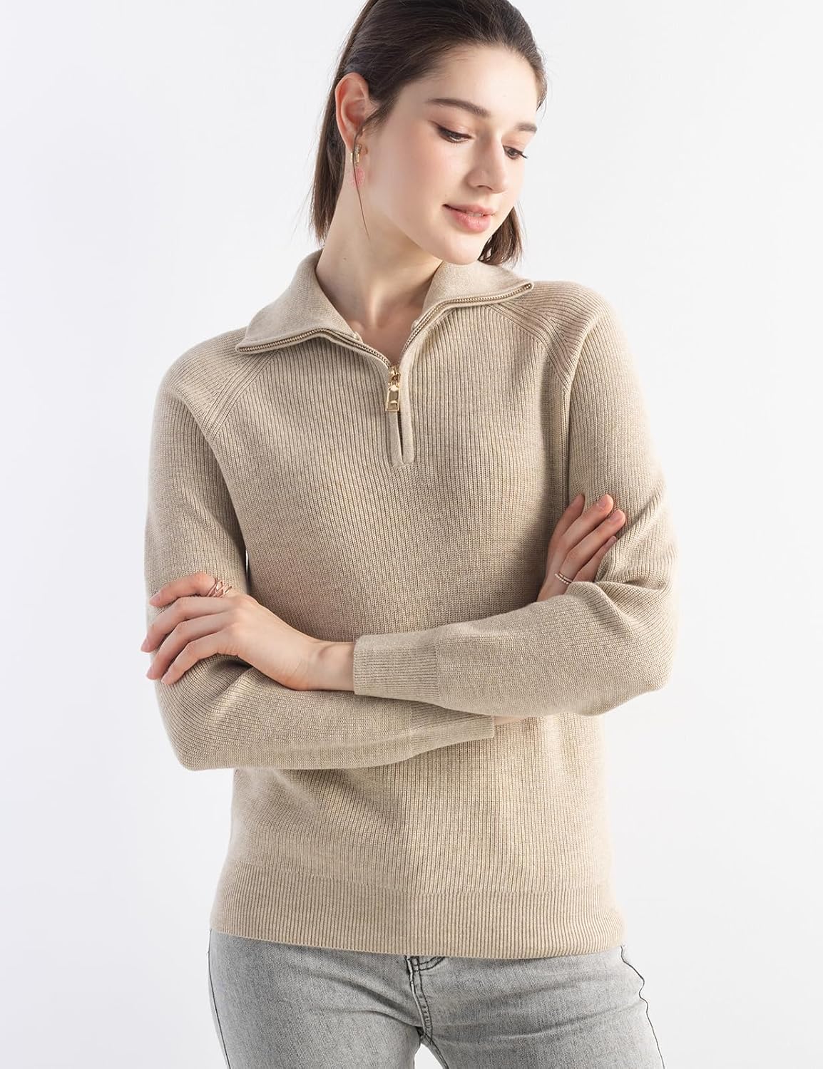 Women's Merino Wool Blend Sweater 2025 Fall Winter Trendy Polo V Neck 1/4 Zipper Long Sleeve Knit Pullover Sweater - Image 5