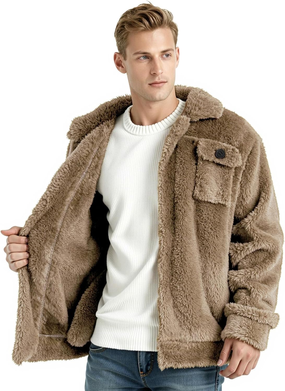 GINGTTO Mens Furry Button-Up Jacket 4 Pockets Fluffy Coat For Men - Image 4