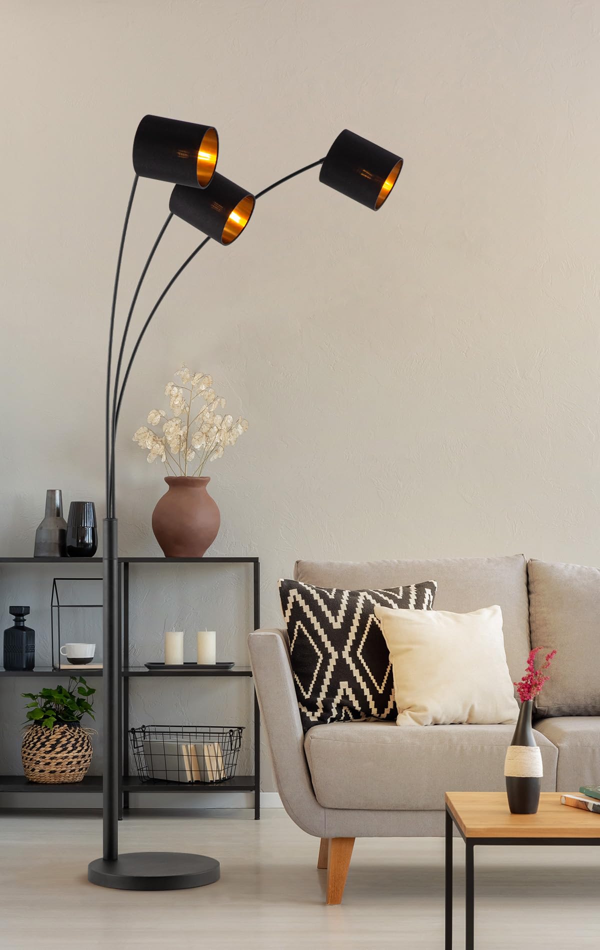 Home Sweet Home Bogenlampe 3 Flammig Schwarz Gold | Moderne Stehlampe Wohnzimmer 190cm | Verstellbare Bogenleuchte E27 inkl. 3x 9W LED Leuchtmittel | Stabile Standleuchte Industrial