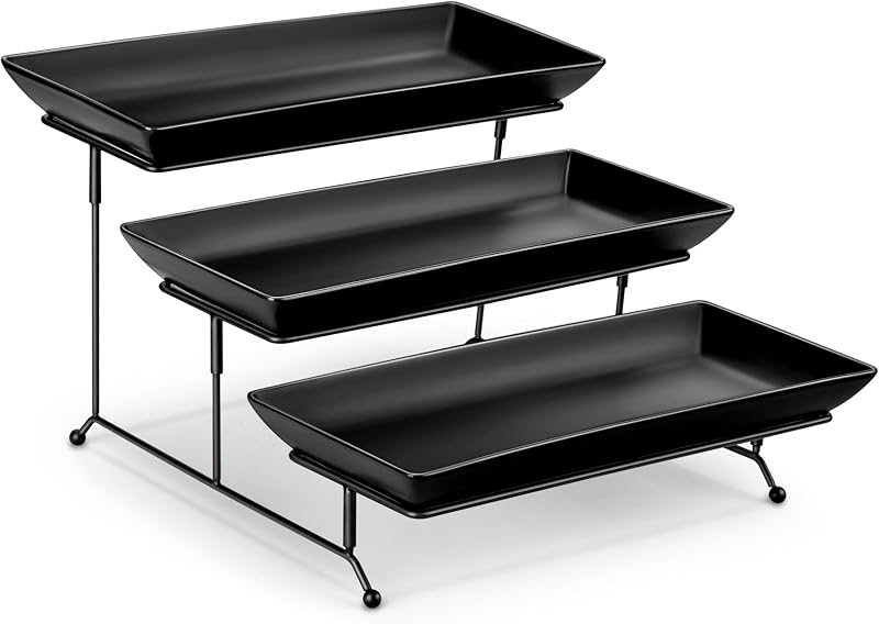 MALACASA 3 Tier Serving Trays for Party, Stoneware Serving Platters and Trays, 14 Inch Tiered Tray Stand, Fruit Tray, Trays for Serving Food, Black Dessert Stand with Collapsible Sturdier Metal Rack | Tiered Cupcake Stand for Party, Fruit Tray, Trays for Serving Food, Dessert Stand with Collapsible Sturdier Metal Rack