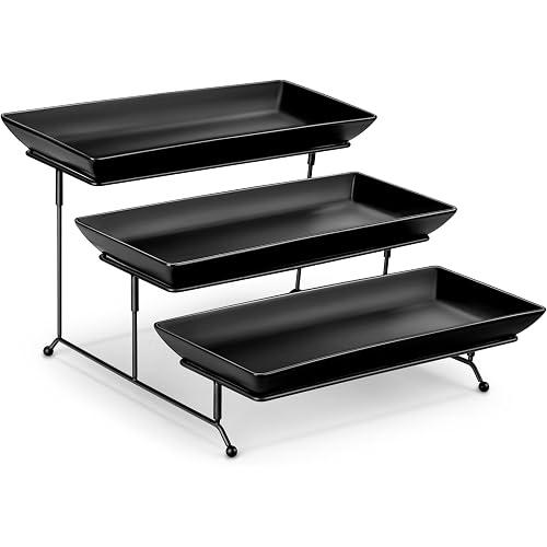 MALACASA 3 Tier Serving Trays for Party, Stoneware Serving Platters and Trays, 14 Inch Tiered Tray Stand, Fruit Tray, Trays for Serving Food, Black Dessert Stand with Collapsible Sturdier Metal Rack