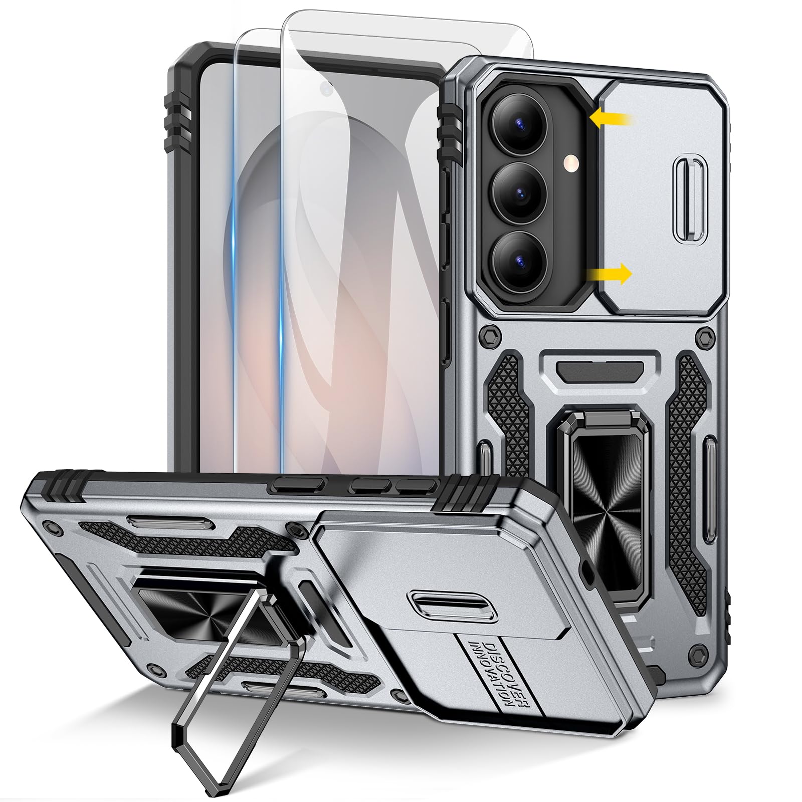 Doeshine Hülle für Samsung Galaxy S26, Handyhülle mit 2 Stück Displayschutzfolie & Kameraschutz, 360° Rotate Ring Ständer, Robust Fallschutz Outdoor Militär Schutzhülle Galaxy S26 (Grau)