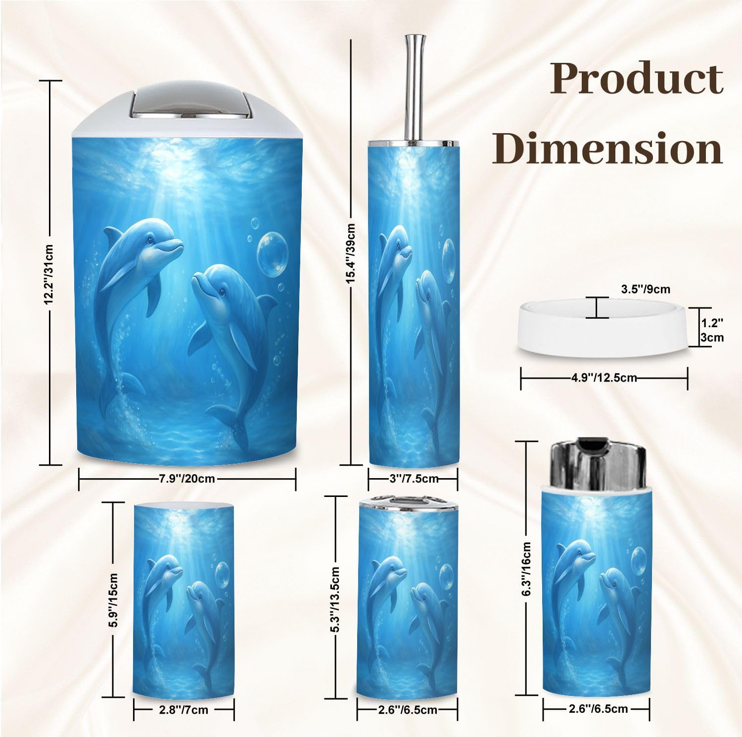 Bathroom Accessory Set 6PCS Two Dolphins Happily Swimming Ocean Trash Can, Soap Dispenser, Toothbrush Holder, Toothbrush Cup, Toilet Brush Holder, Soap Dish for Gifts