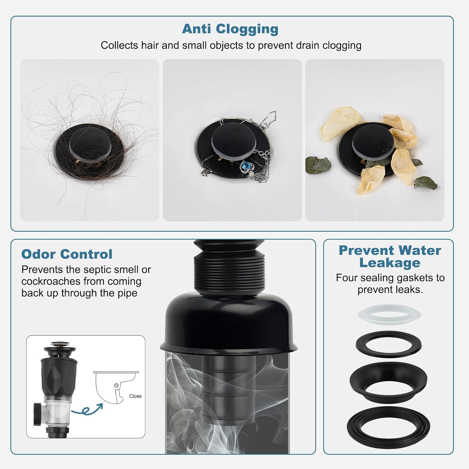 iFealClear Bathroom Sink Drain Kit, Flexible P-Trap Drain Pipe with Pop Up Stopper, Expandable Bathroom Sink Pipe Replacement with 2 Adapters, Fits 1-1/4'', 1-1/2'', 2" Holes, Hair Catcher, Black