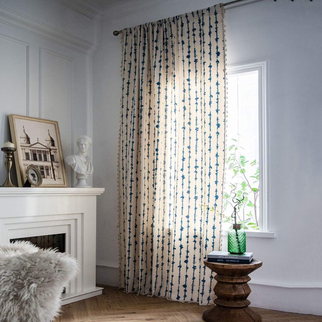 Blue Watercolor Geometric Ticking Vertical Striped Boho Window Curtain with Tassels, Rod Pocket Farmhouse Kitchen Linen Cotton Drape for Bedroom Living Room, 1 Panel, 59" x 72", Cream