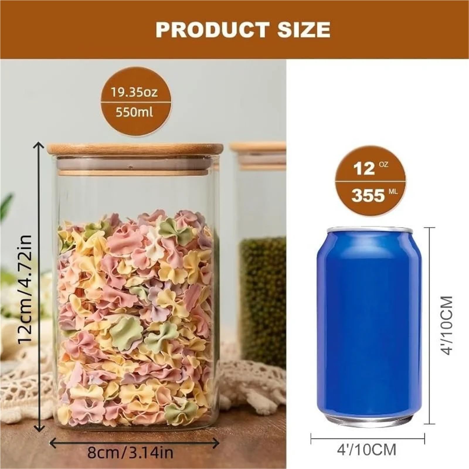 Vorratsdosen Mit Deckel FüR Spaghetti 550 ml, quadratische Vorratsgläser aus Glas mit Holzdeckel, luftdichte Glaskanister for Kaffeebohnen, Süßigkeiten, Haferflocken, Overnight Oats, Salz(550Ml-6Pcs)