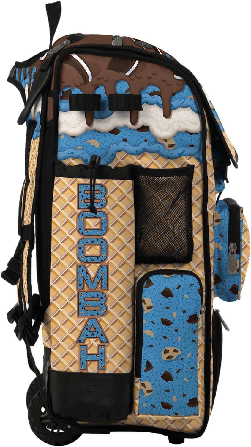 Boombah Superpack Hybrid Rolling Bat Bag - Wheeled & Backpack Version - Ice Cream Monster Cookie Gold/Columbia Blue/Brown