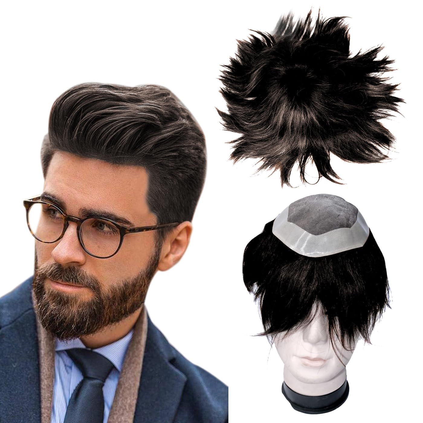 Kabello Human Hair Patch Monofilament Hair Wig for Men Toupee Wigs with Poly Skin PU Around Hair for Men (Dark Brown, 9x7)-image-45