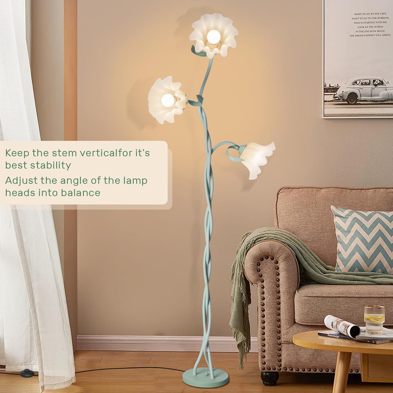 Flower Floor Lamp for Living Room, 3 Color Modes LED Modern Standing Lamps with 3 Heads Bulb Flexible Neck Shaft Tall Corner Floor Lamp for Bedroom Office Reading Decor (Green)