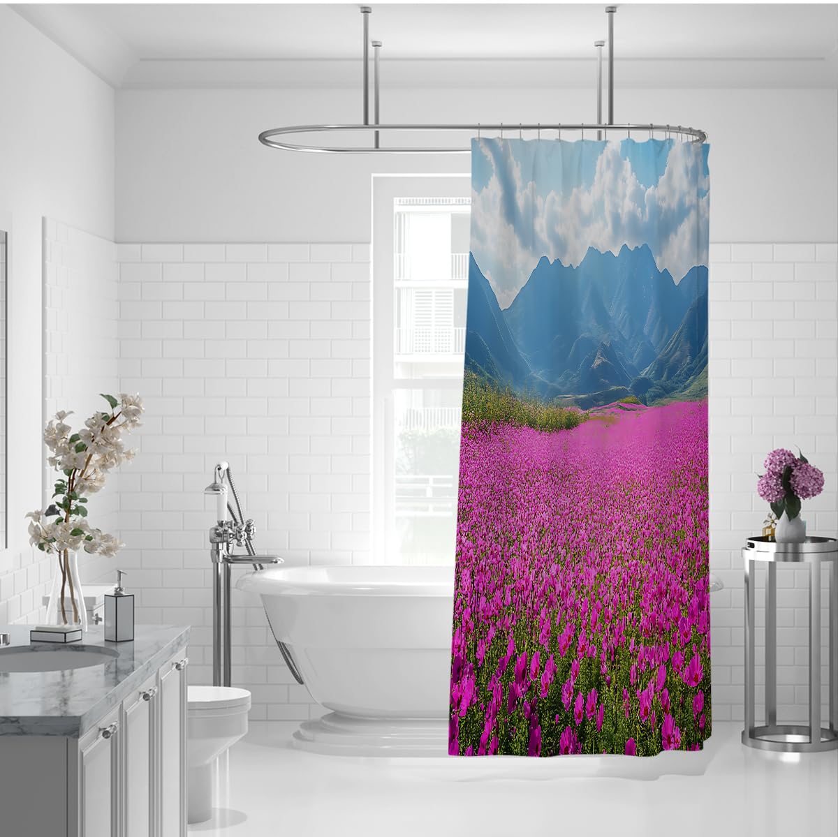 Rideau Douche Paysage Montagne Champ Fleurs Roses W180xL200 cm