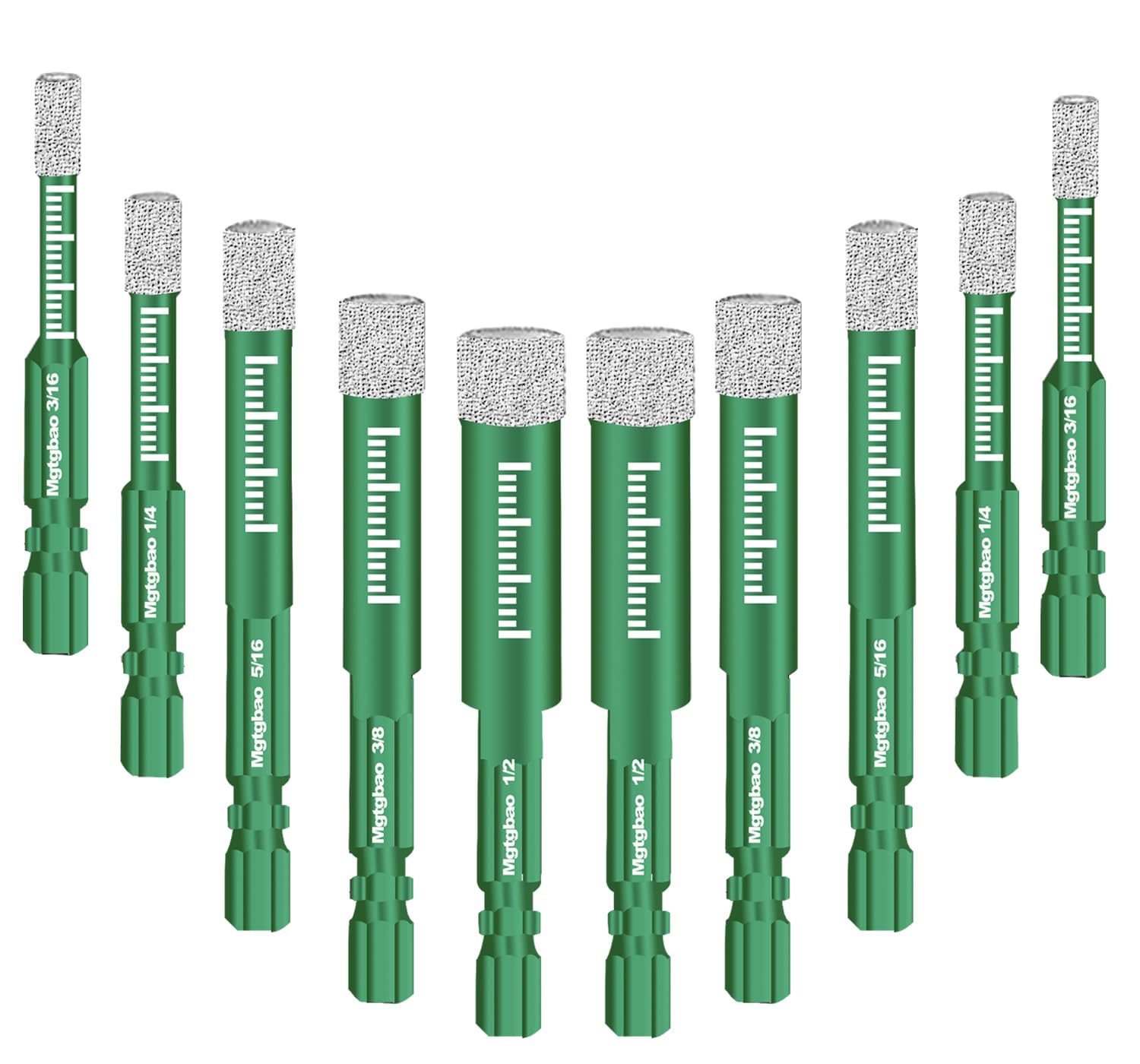 Juego de 10 brocas de diamante seco verde, broca para azulejos de granito, mármol, cerámica, piedra, vidrio, diamante, sierra perforadora, kit con tamaño 3/16, 1/4, 5/16, 3/8, 1/2
