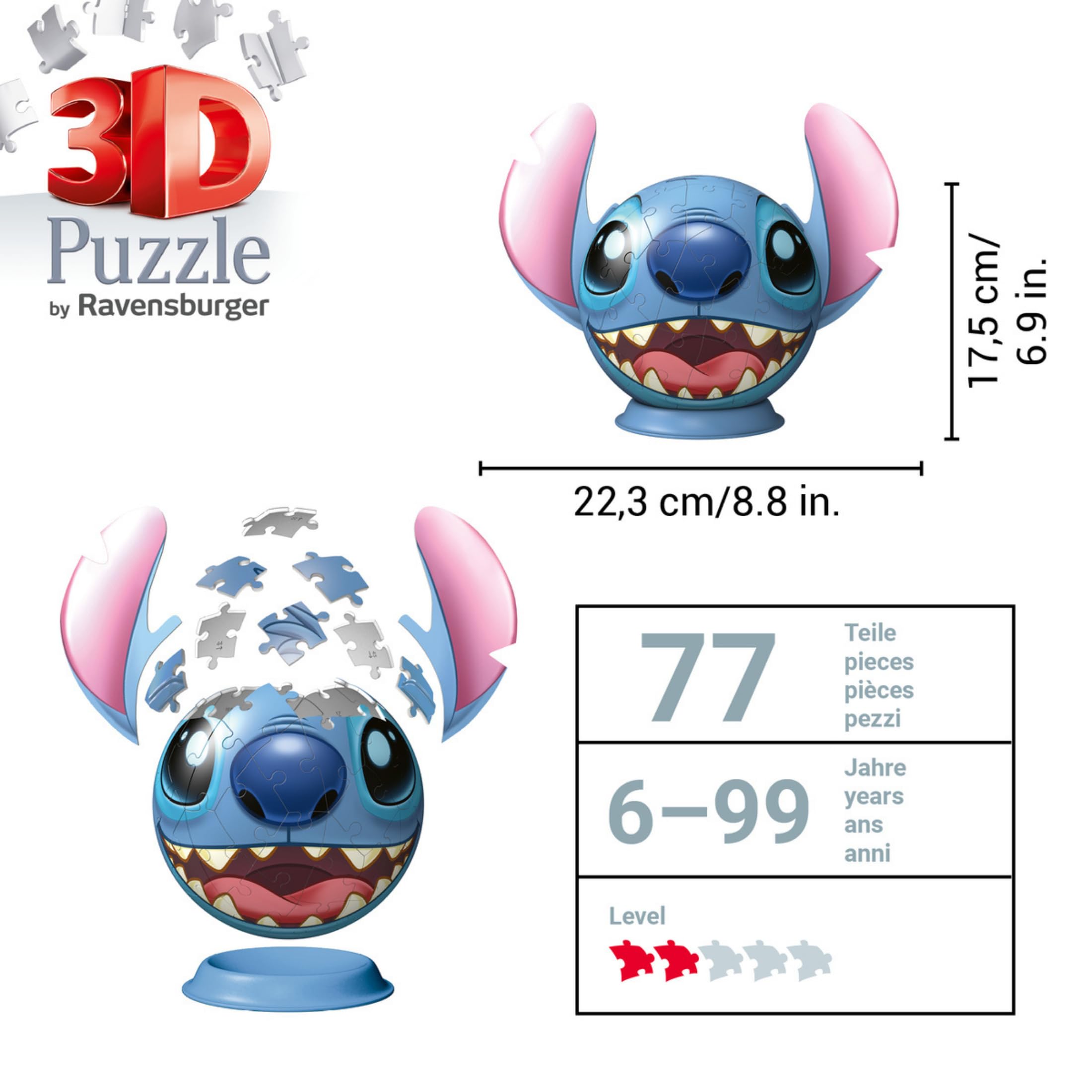 Ravensburger - Puzzle 3D Niños Disney: Lilo Y Stitch | Puzzle Disney para Niños De 6 Años O Más | Maquetas para Montar con 77 Piezas | Stitch Niño