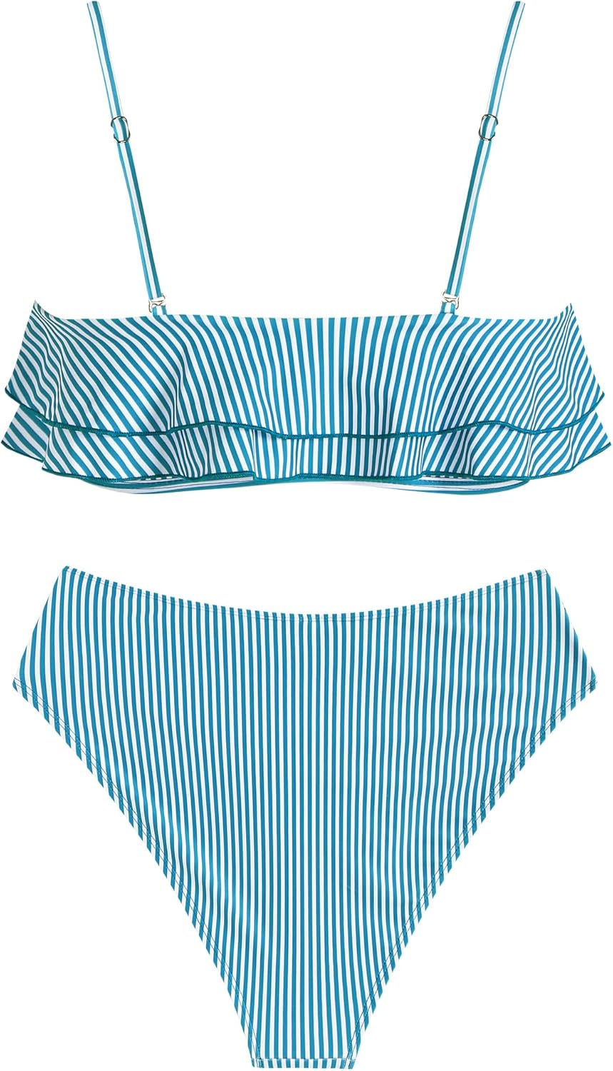 ZAFUL Layered Ruffle Bikini for Women High Waisted Bikini Sets Spaghetti Bandeau Swimsuits Padded Bathing Suit