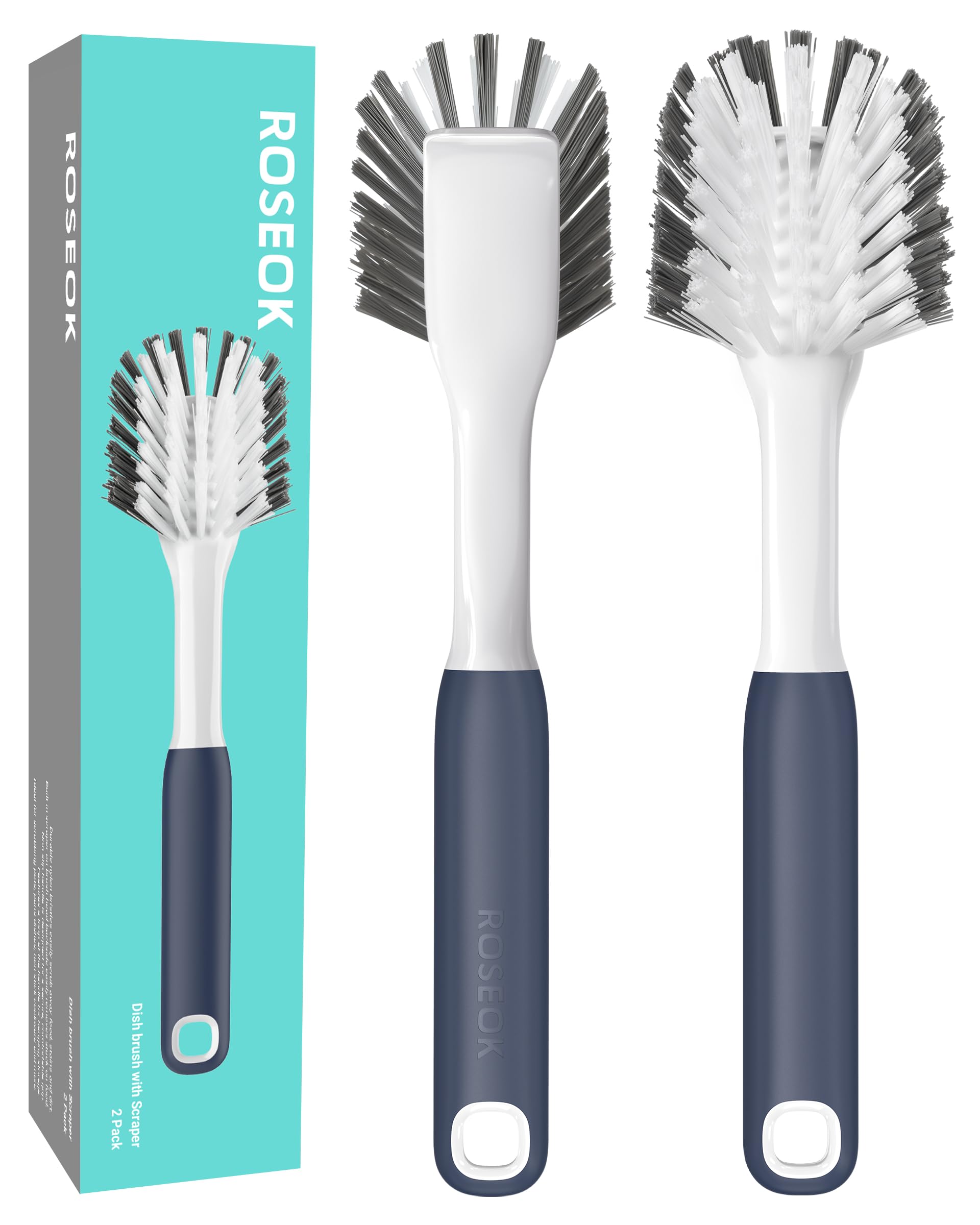 ROSEOK Paquete de 2 cepillos para platos de cocina con raspador para fregar manchas de alimentos, construido para limpiar platos, cocina, olla, fregadero, azul marino