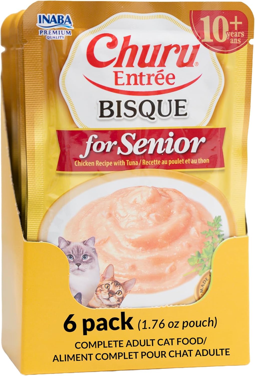 INABA Churu Entrée Bisque for Senior Cats, High Protein & Moisture, Prebiotic Wet Cat Food, 1.76oz. per Serving, 48 Pouches, Chicken with Tuna Recipe