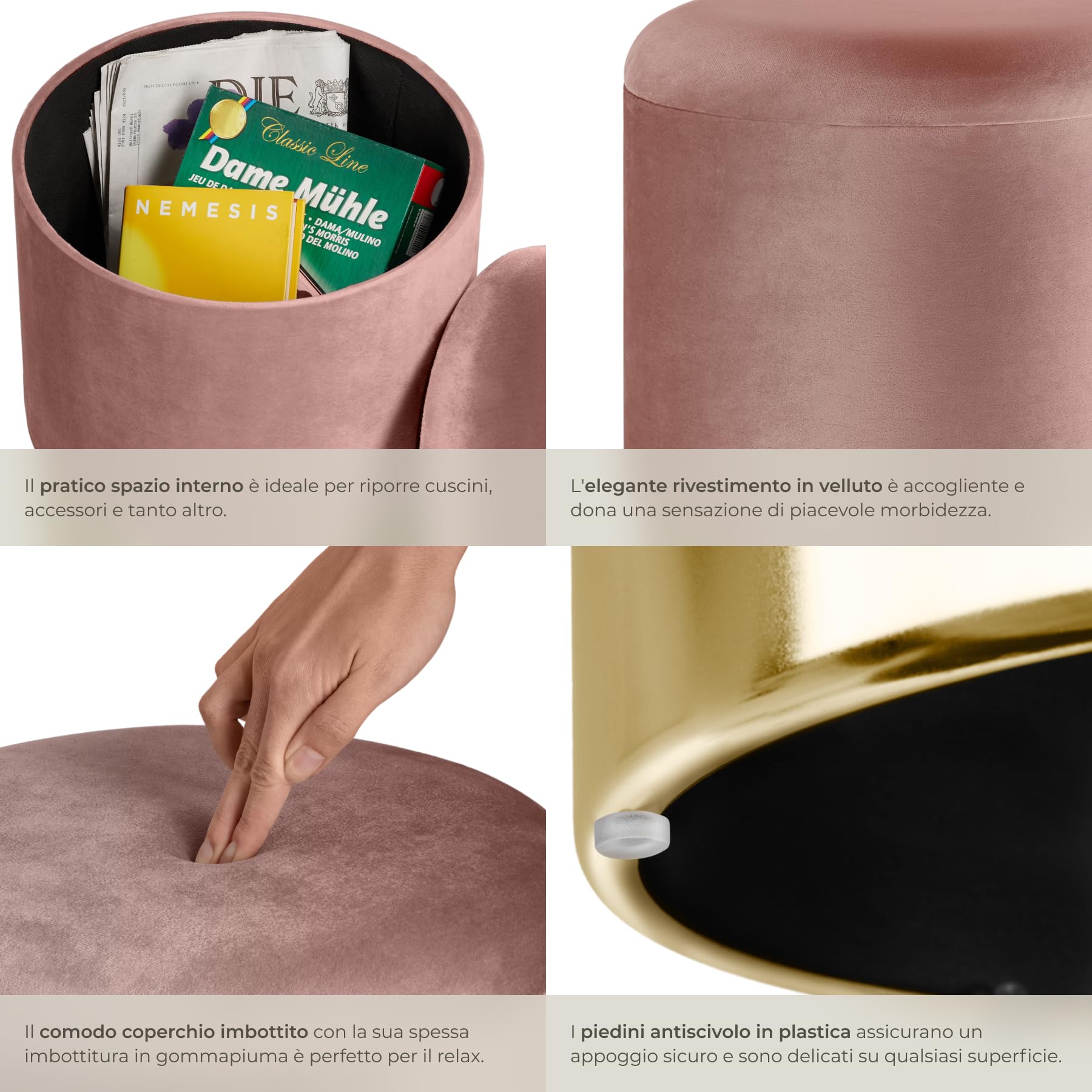 tectake® Sgabello Rotondo in Velluto, Con Scomparto Nascosto, Base in Acciaio Oro, Capacità di Carico 300 kg, Comfort Elevato, Design Elegante per Casa e Ufficio - Rosa