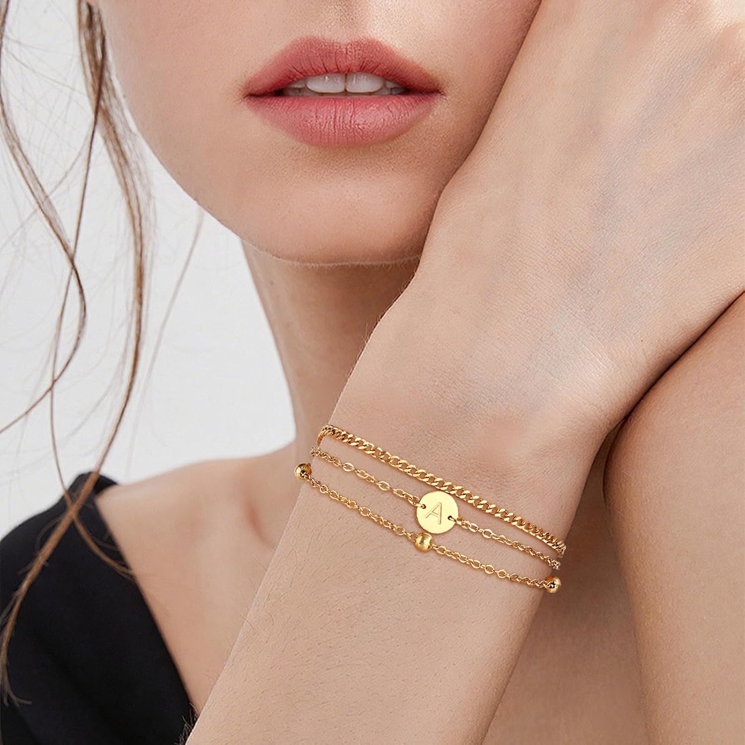 Valentines Day Gifts - A to Z Layered Initial Bracelets for Women - 18K Gold Plated on Stainless Steel Letter Charm Bracelet - Gold Jewelry Gifts for Birthday Christmas - Image 2