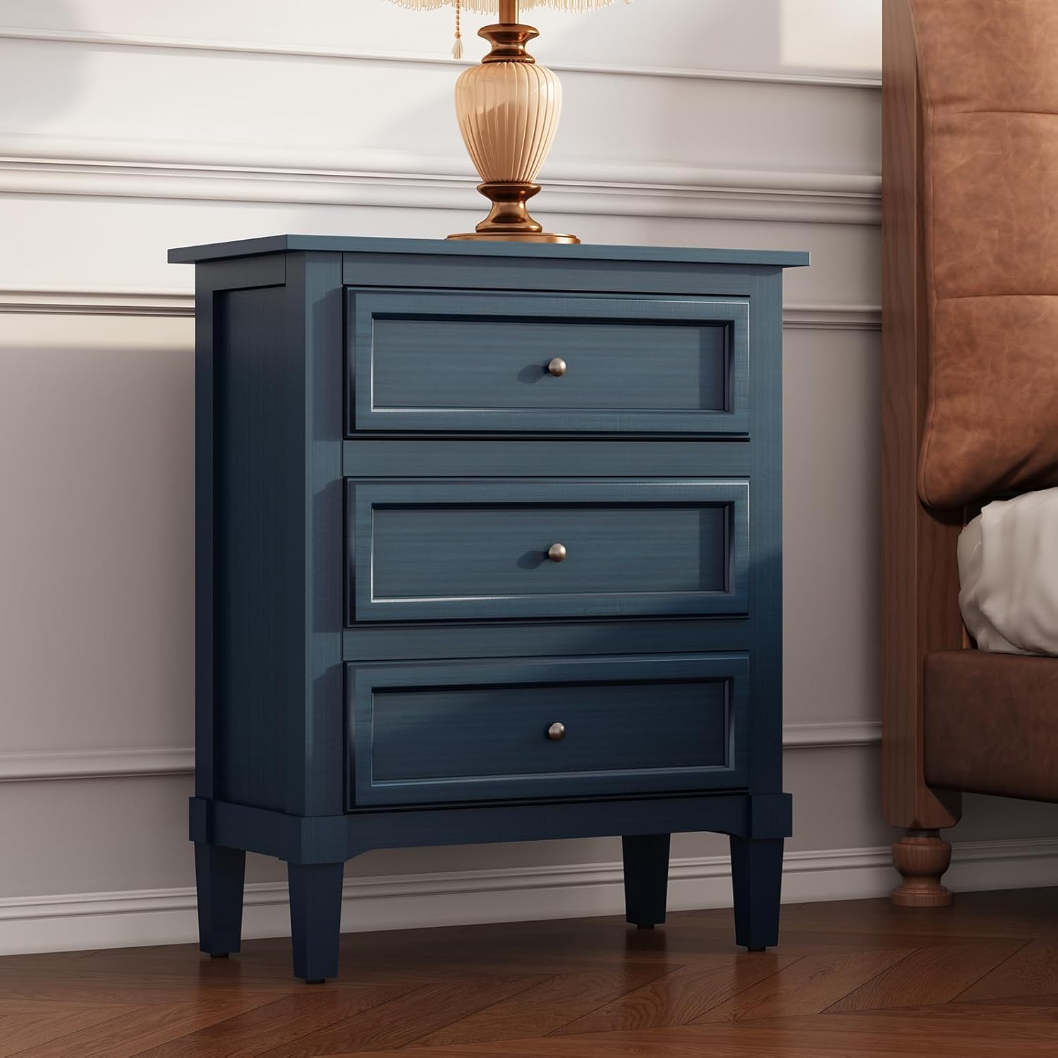 HLR Fully Assembled Wood Nightstand, Mid-Century Modern End Table with 3 Drawers Storage, Bed Side Table for Bedroom, Living Room, Blue