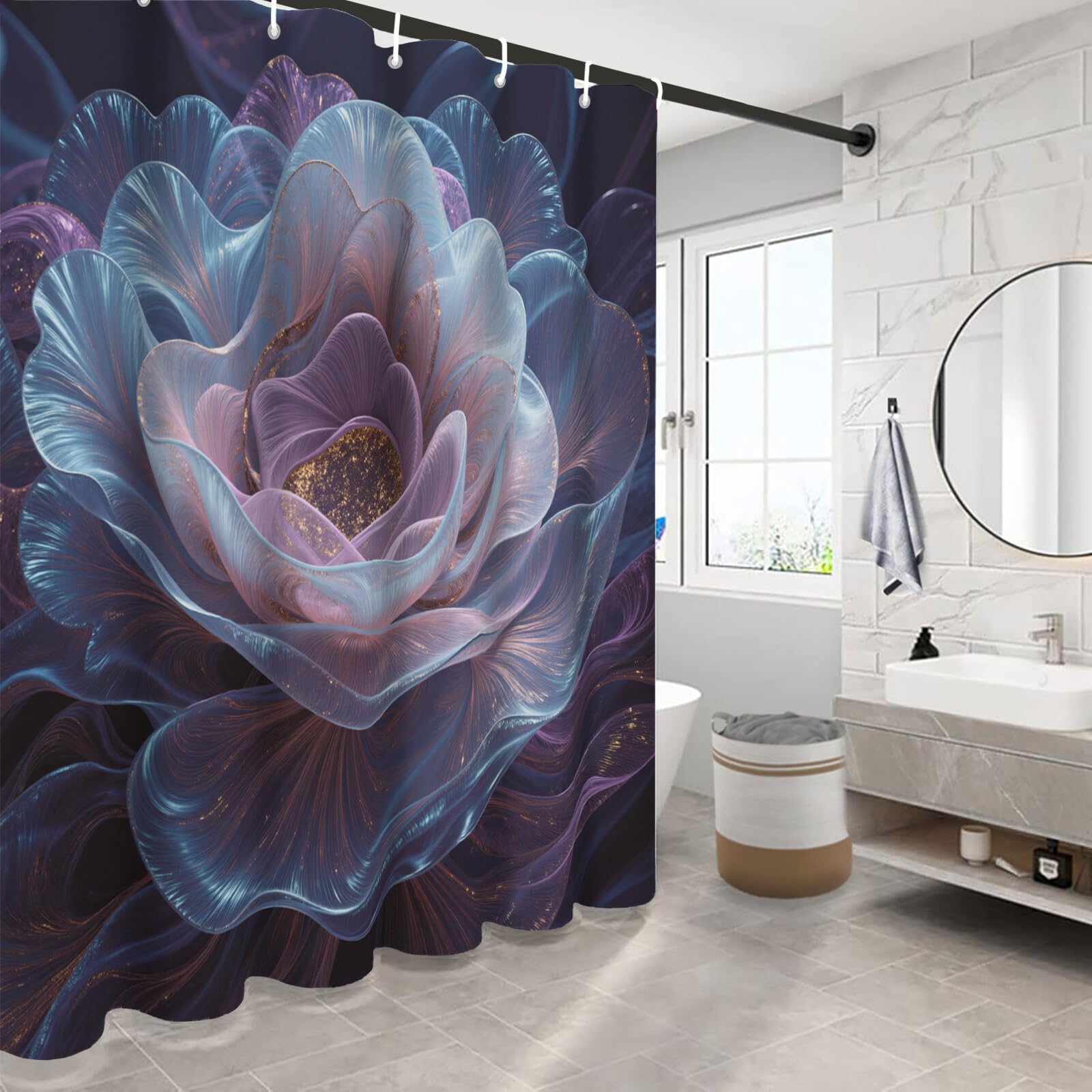 Rideau Douche,Rideau Baignoire Lavable en Machine Rideaux Douche Tissus Lavable Rideau De Baignoire Lavable pour Salle De Bain Domicile Baignoire Famille,Fleurs Épanouies,