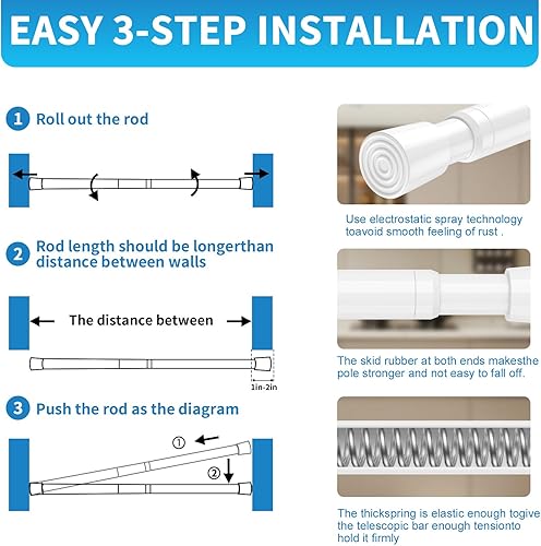 Miniatura 5 de SISELBA Barra de cortina de tensión, de 28 a 48 pulgadas, sin taladro, barra de tensión de resorte ajustable para ventanas o ducha