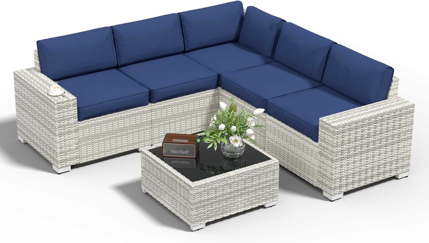 YLGJ&TIDY Patio Furniture Set, 8 Inch Armrest Outdoor Sectional Sofa, 6 Piece Wicker Outdoor Furniture Conversation Sets with Waterproof Cushions and Coffee Table for Backyard Deck