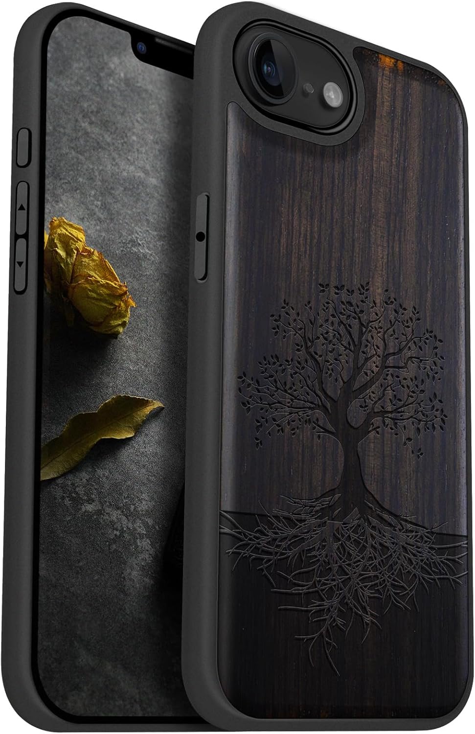 Carveit Magnetic Wooden Case for iPhone 16e / 17e, Solid Wood & TPU, Artisan Engraved Design, Shockproof Cover, Compatible with MagSafe Wireless Chargers, The Yin Yang Tree - Blackwood