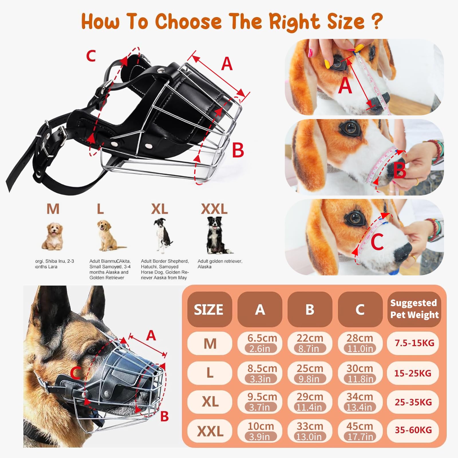 PETCUTE Bozal para Perro Bozales Anti-Morder Transpirable Bozal de Metal para Perros Anti Morder y Ladrar