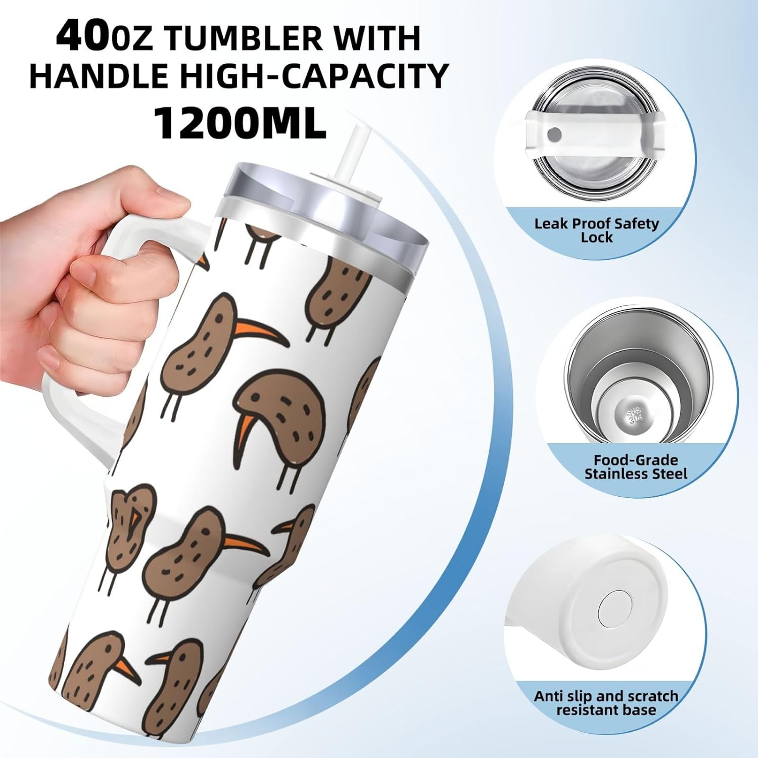 40 OZ Kiwi Birds Cute Print Ice Bully Cup with Handle Straw Lid Straw,Stainless Steel Tumbler Coffee Cup