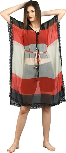 MIRCHI FASHION Faux Fur Women's Casual Style Faux Chiffon Striped Pattern Summer Beachwear Kaftan Coverup (Sk593-Cream, Re...