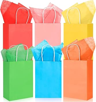 LovesTown 18 Pack Gift Bags with Tissue Paper, 5.52.88 Inches Party Favor Bags with Handles 6 Colors for Gift Wrap Birthday and Wedding DIY Crafts