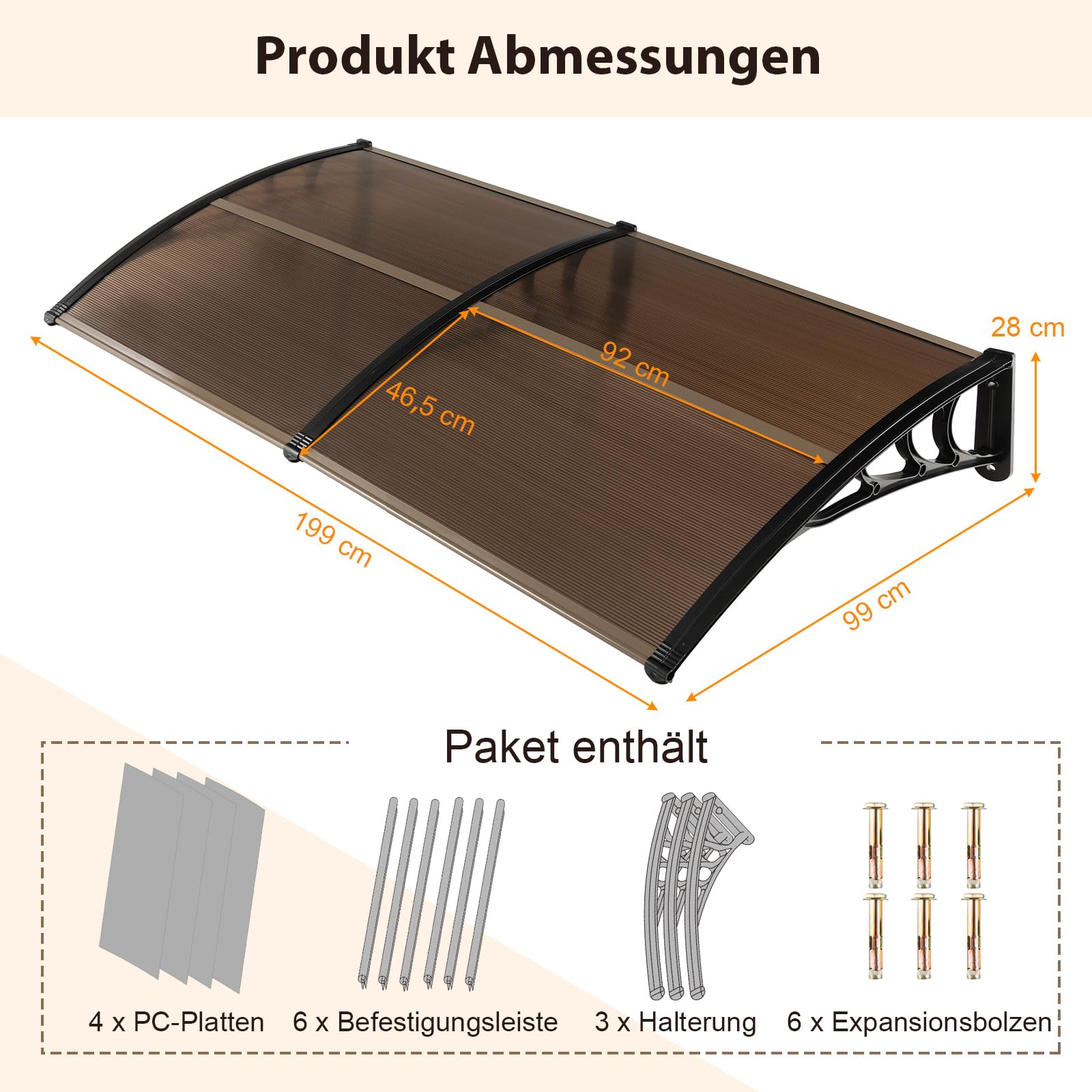 COSTWAY Zadaszenie do drzwi wejściowych 199 x 99 cm, zadaszenie z aluminium i poliwęglanu, przezroczysty daszek łukowy, daszek do drzwi wejściowych (kawowy)