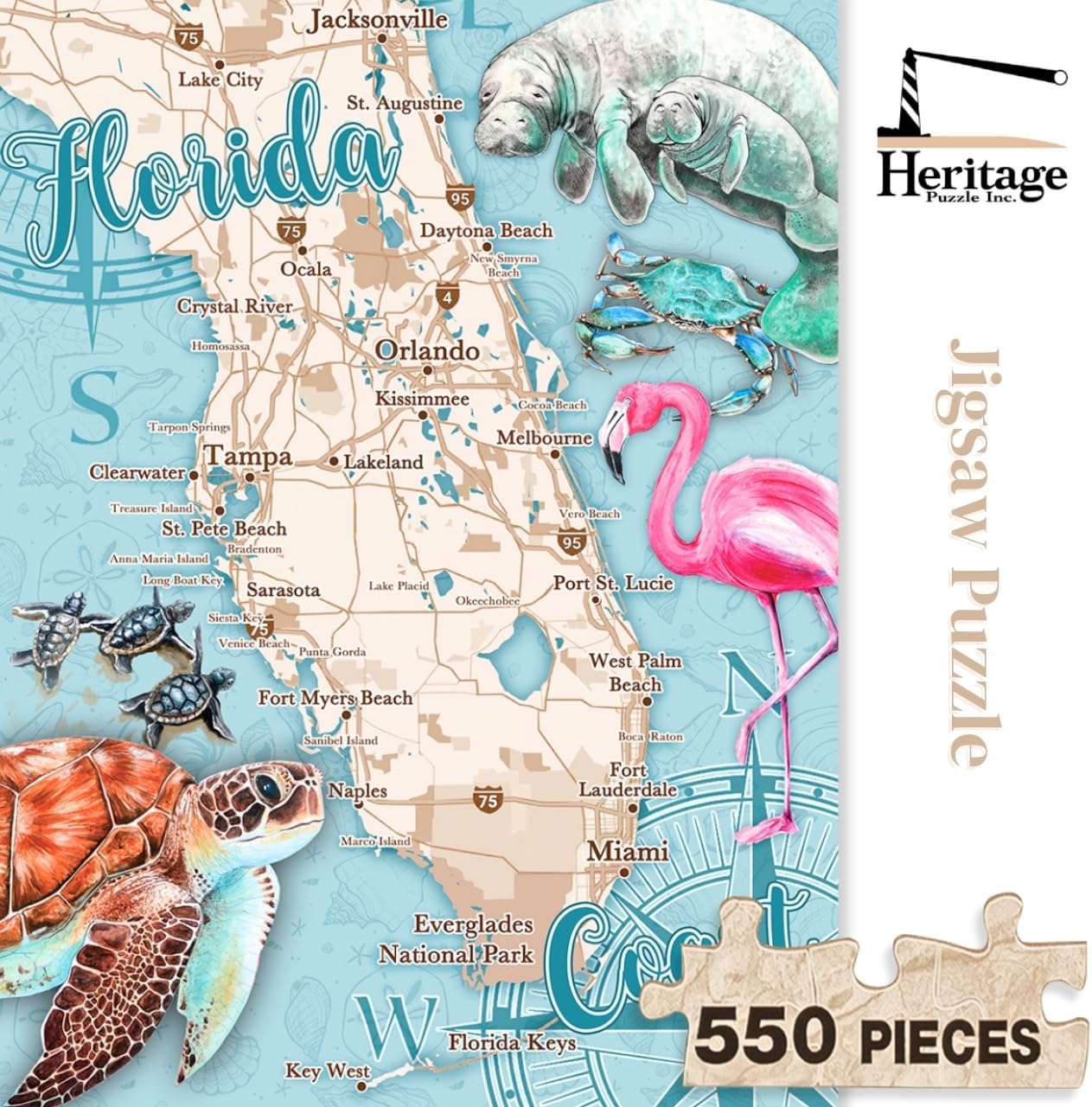 Heritage Puzzle - Florida Coast by Kira Talerico 550 Piece Puzzles for Adults & Family, Map & Wildlife Theme, Manatee & Flamingo Art - Frameable Jigsaw Puzzle 18"" x 24"" Finished Size