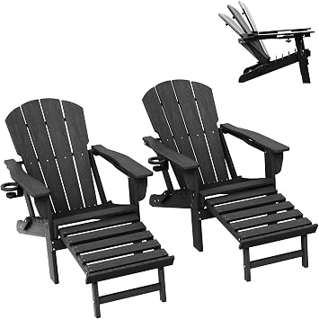 LOUNZY Folding Adjustable Adirondack Chair with Retractable Ottoman Set of 2,HDPE Recliner Adirondack Chair with Cup Holder for Deck Lawn Fire Pit,Black