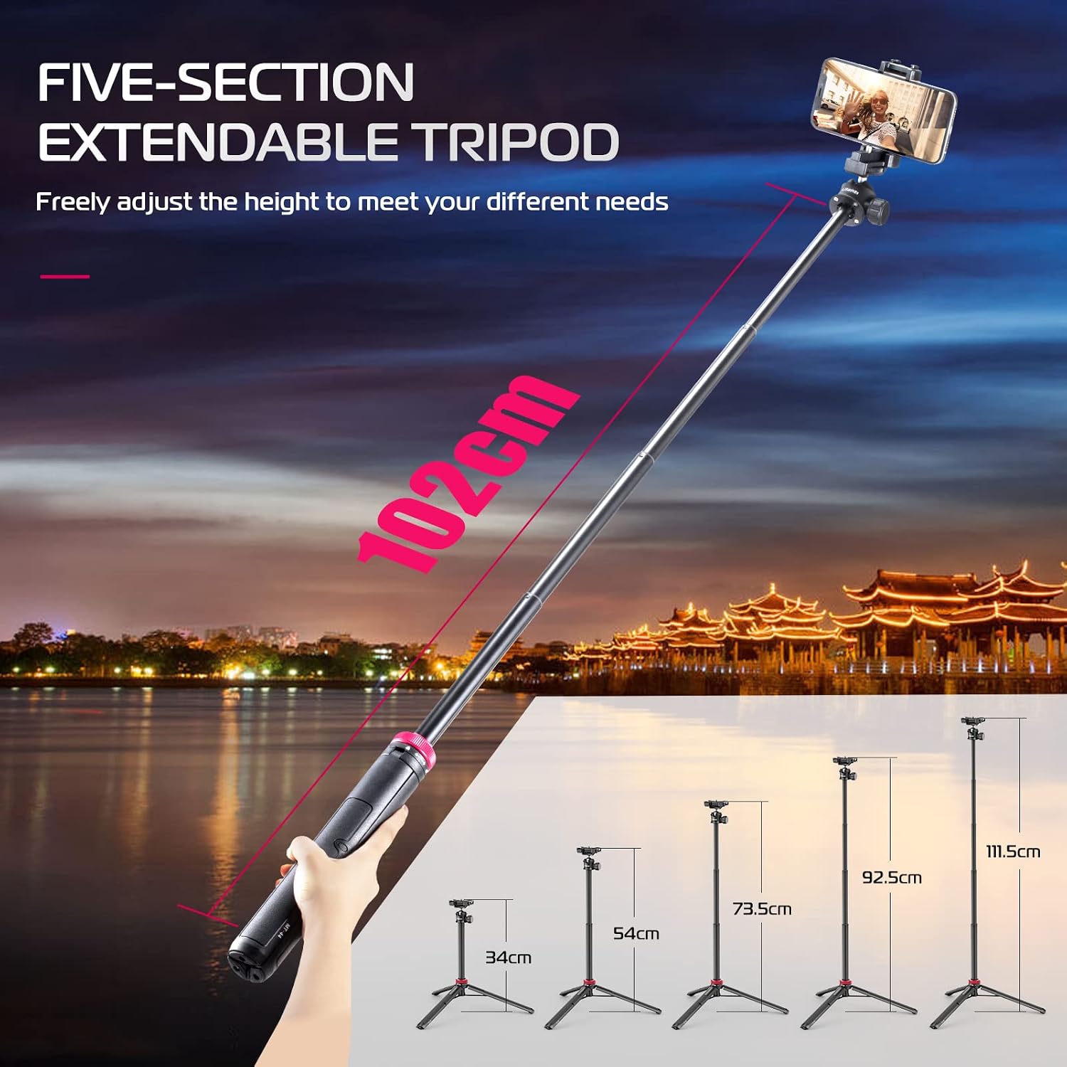 ULANZI MT-44 tripod showing various extended heights
