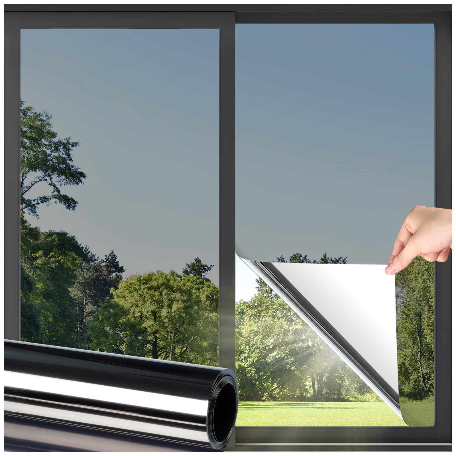 DOWELL Window Privacy Film, One Way Window Tint for Home, Static Cling Anti UV Sun Blocking Reflective Mirror Film, Heat Control See Out Not in Glass Tinting, Black Silver, 35.4" x 157.5"