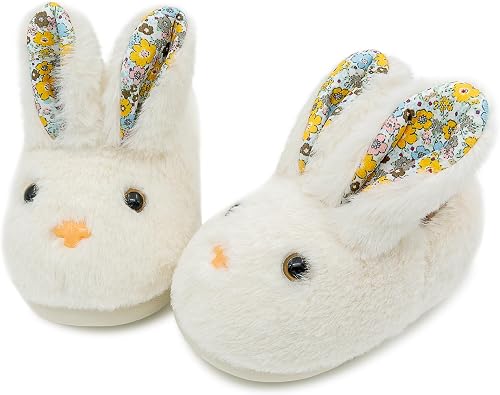 techcity Toddler Boys Girls Fuzzy Fluffy Slippers Cute Animal Winter Warm Shoes with 3D Bunny Design House Home Indoor Plush Fur Shoes