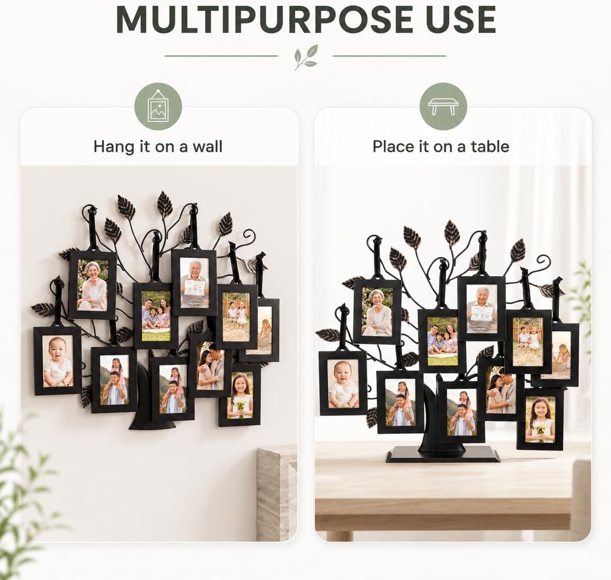 Philip Whitney Family Tree Picture Frame Display - Includes 10 Hanging 2x3 Picture Frames and 13" Polished Metal Tree, Gifts for Mom, Home Décor, Housewarming Gift, Mothers Day Gifts