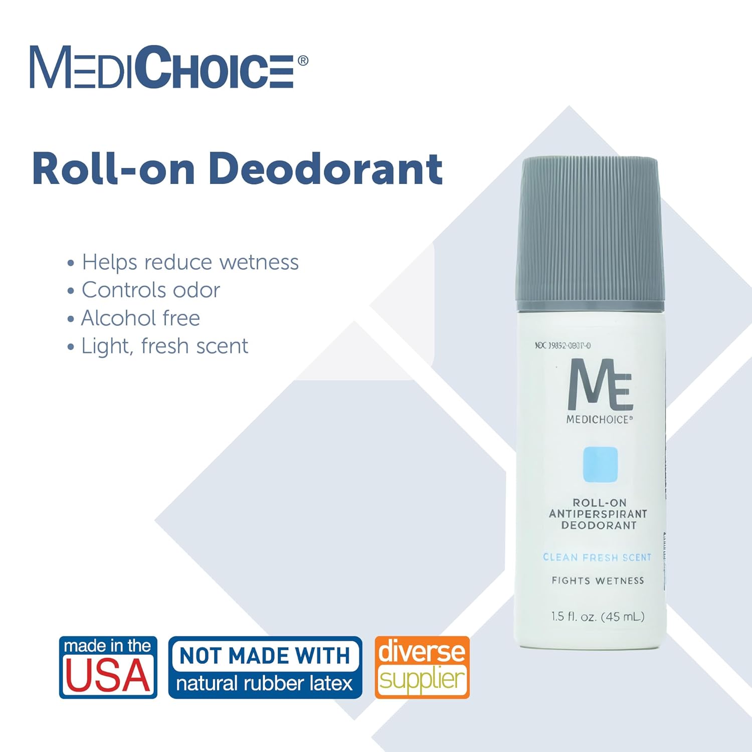MediChoice Roll On Deodorant Antiperspirant Lightly Scented Unisex Neutralizes Odor Sensitive Skin Travel Size Alcohol Free Bulk 1.5 Oz PC5015 (96 Pack)