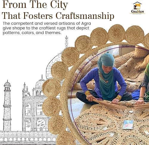 Vista 109 de GRUHUM Alfombra tejida a mano de yute redonda de 4 pies, de fibra natural, alfombra bohemia rústica, vintage, trenzada, reversible, ecológica