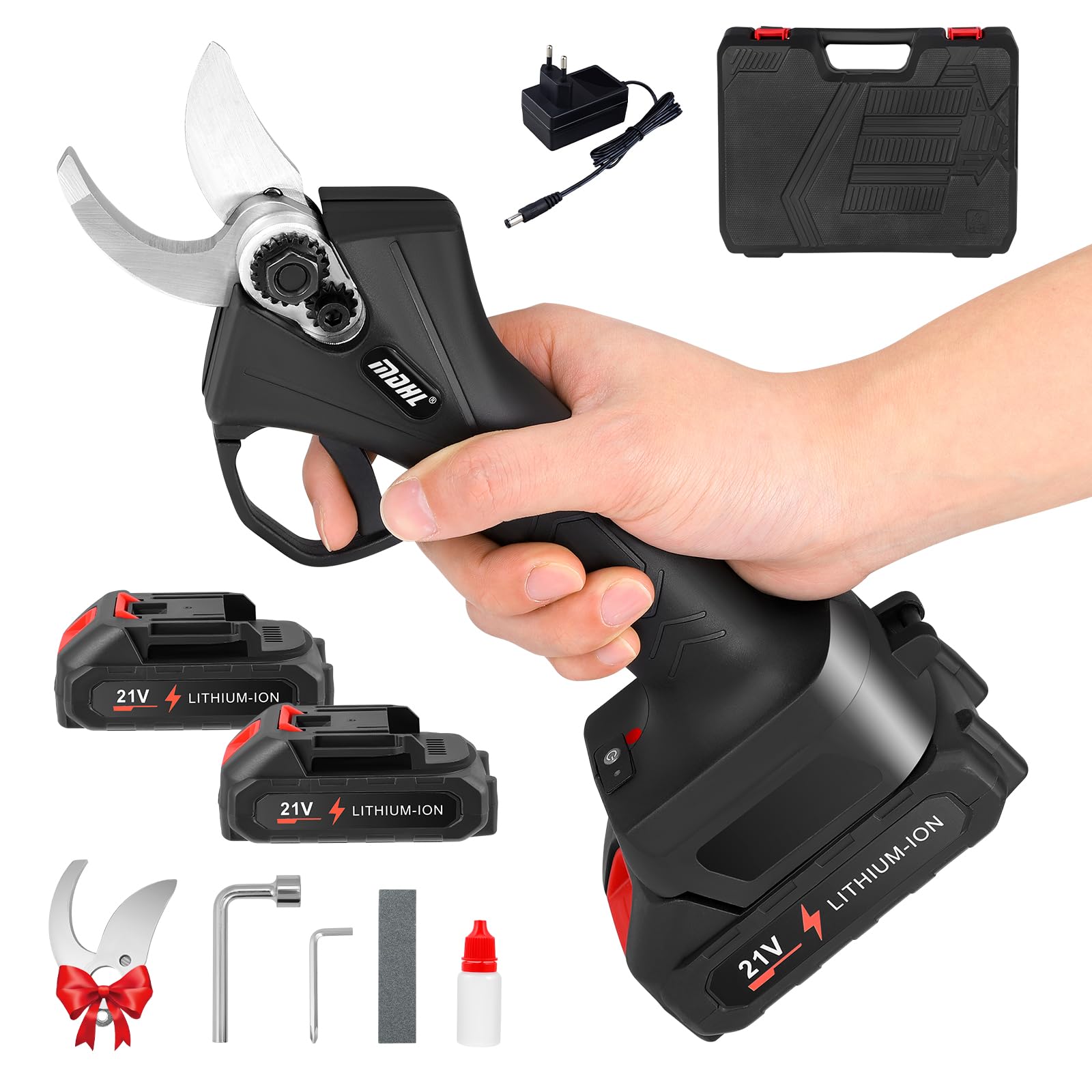 Akku Astschere, Kabellose Elektroschere 35 mm Schneiddurchmesser, Professionelle Gartenschere mit 2 Wiederaufladbaren 21V 2000mAh Akkus LCD-Display zum Beschneiden von Bäumen Sträuchern Obstbäumen