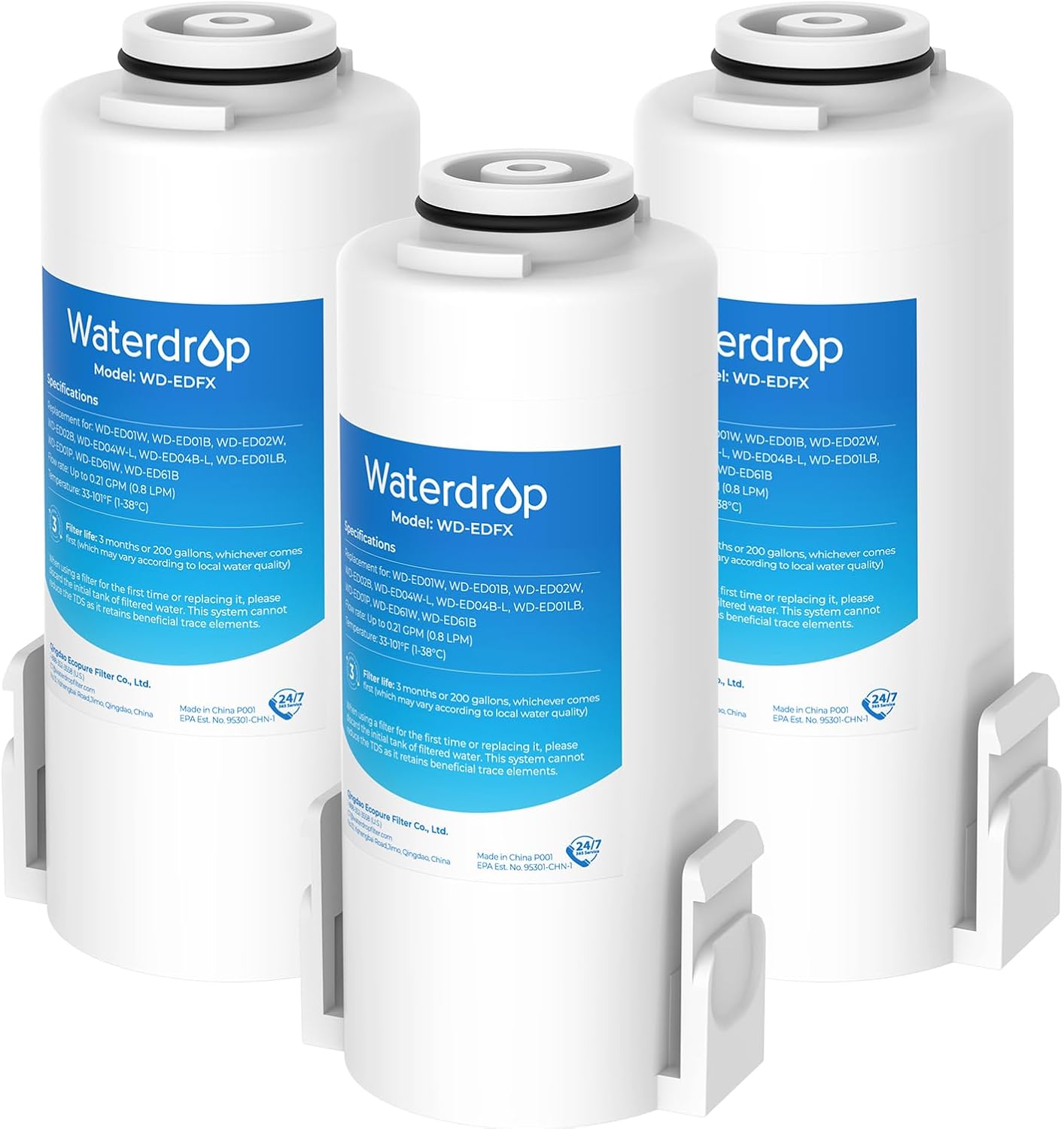 Waterdrop WD-EDFX Replacement Filters for Waterdrop Rechargeable Water Filter Dispenser WD-ED61, 200-Gallon Long-Life, 10X Filtration Efficiency, Reduce 98% Chlorine and 20+ Contaminants, 3 Filters