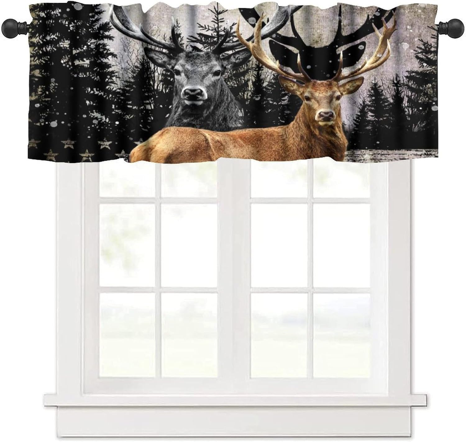 Deer Valance Curtains for Kitchen Decor, Retro Black Forest Wild Animal Woodland Window Treatments, Vintage Elk Rod Pocket Drapes for Boys Man Teen Room Bedroom, 54x18in 1P/27x36in 2P