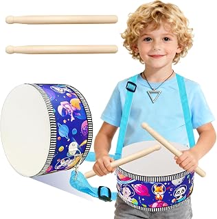 Blvochnnt 8-Inch Wooden Kid Drum Set with Adjustable Strap & Drumsticks - Astronauts, Animals, Dinosaurs for Toddlers Boys Girls