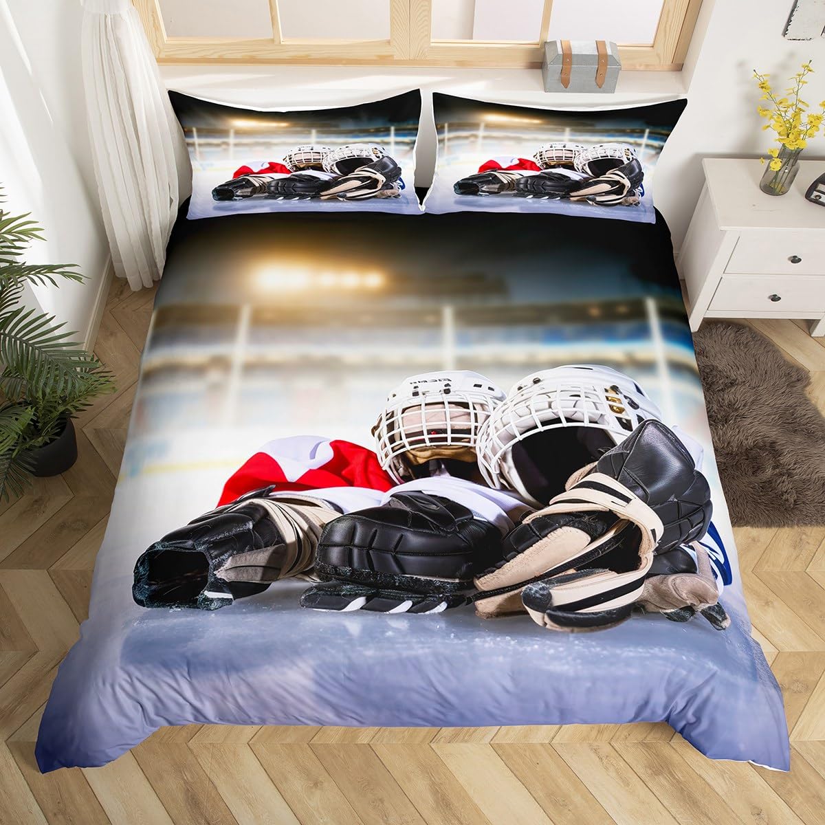 Ice Hockey Duvet Cover Hockey Player Comforter Cover Sports Event Game Bedding Set for Kids Boys Girls Winter Sports Hobby Bedspread Cover Kids Room Decor Full Size Bedclothes Zipper (No Comforter)