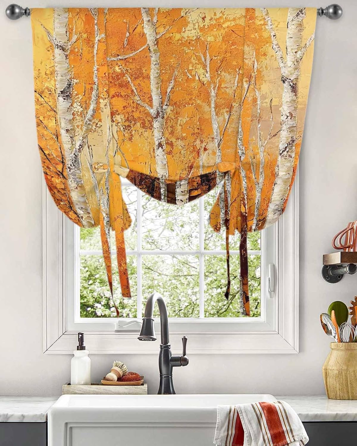Tie Up Curtains for Windows, Fall Branch Tree Kitchen Curtain Adjustable Balloon Window Shades, Autumn Yellow Forest Natural Vintage Valance Curtains for Living Room/Bedroom/Cafe 46"x63"