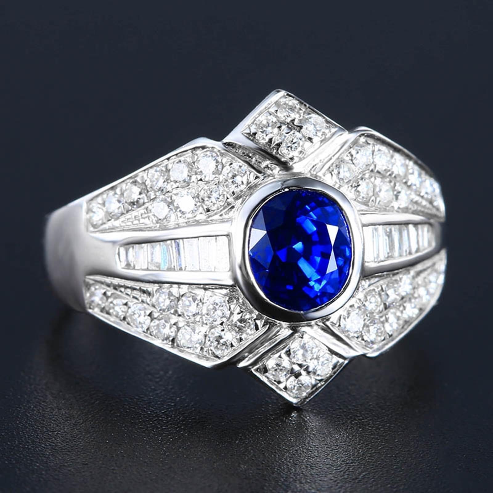 Fede nuziale da donna in oro bianco 18 carati con zaffiro blu ovale con zaffiro blu da 1,23 carati e diamanti misura 45, 45 (14.3), metallo prezioso, zaffiro, 45 (14.3), Metallo, Zaffiro