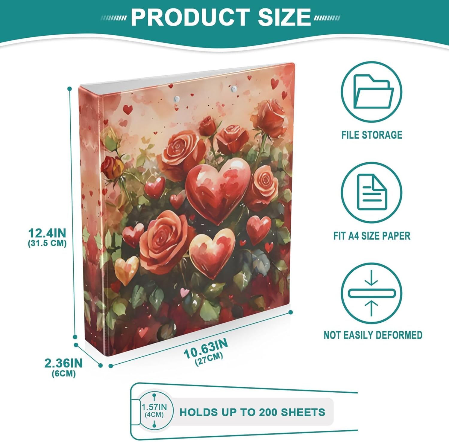 Valentine's Day Roses 3 Ring Binders, 1.5” Round Ring Binders with Clipboard - Letter Size, 3 Interior PVC Clear Pockets & Anti-Slip Clip for Office School Supplies, 2PCS