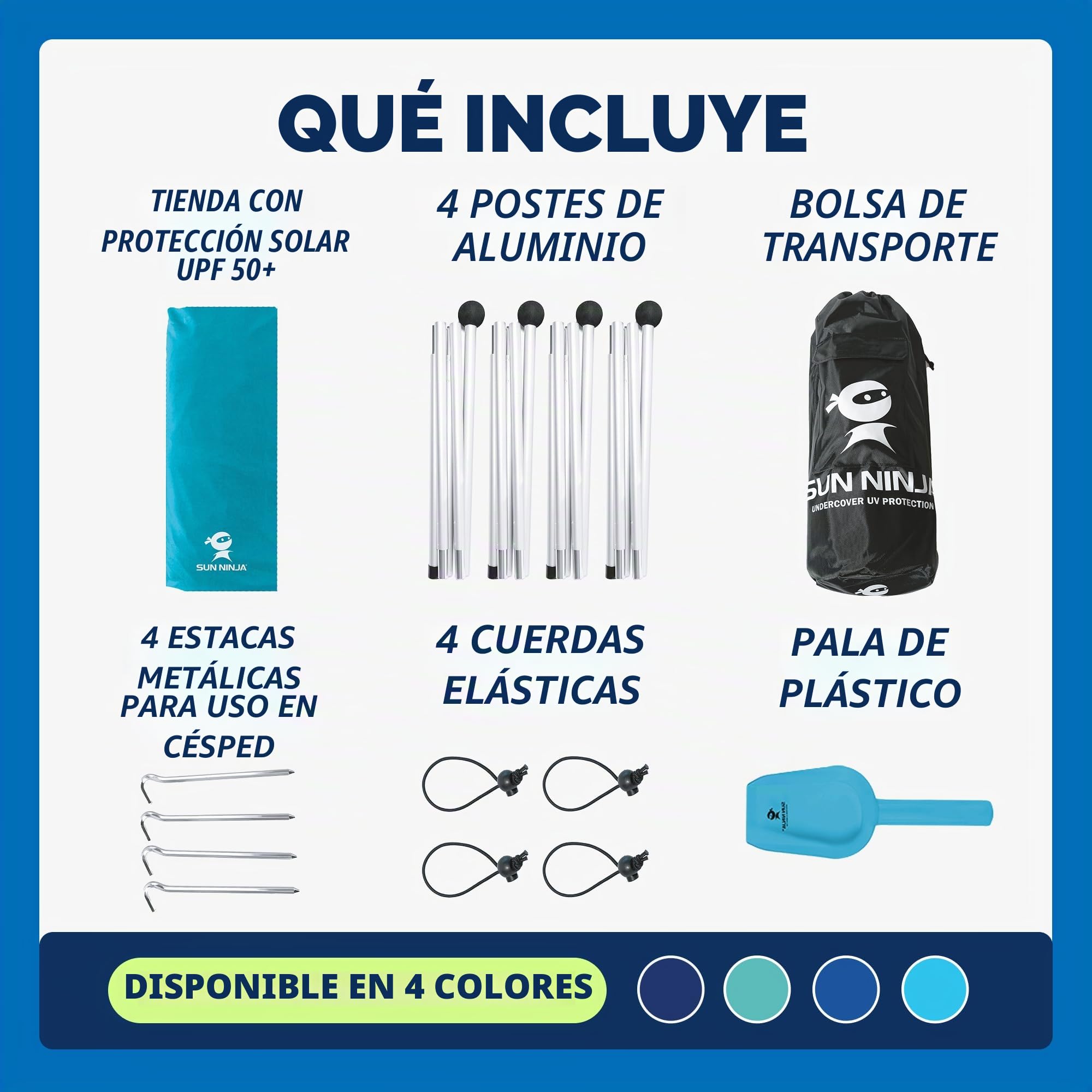 SUN NINJA Carpa Playa Plegable - Toldo Playa Plegable con Protección UPF 50+ - Toldo Camping con Bolsa de Transporte - con Pala Estacas y Postes - Parasol Playa Camping Pesca