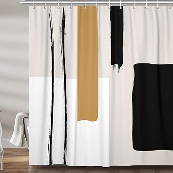 Abstract Modern Shower Curtain for Bathroom, Cute Geometric Minimalist Black and White Fabric Shower Curtains Set, Retro Beige Yellow Tan Mid Century Restroom Decor Accessories with Hooks 72X 72 Inche